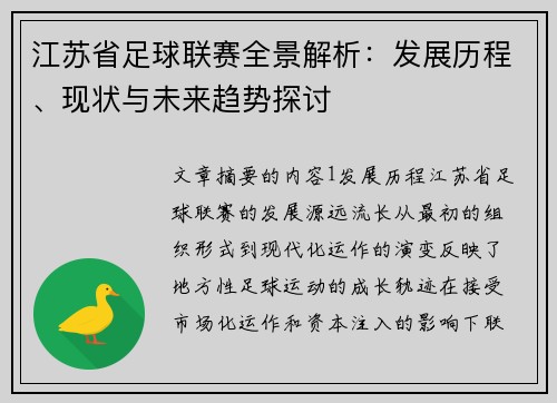 江苏省足球联赛全景解析：发展历程、现状与未来趋势探讨