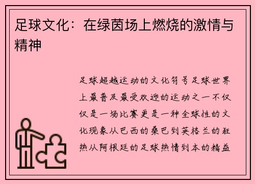 足球文化：在绿茵场上燃烧的激情与精神