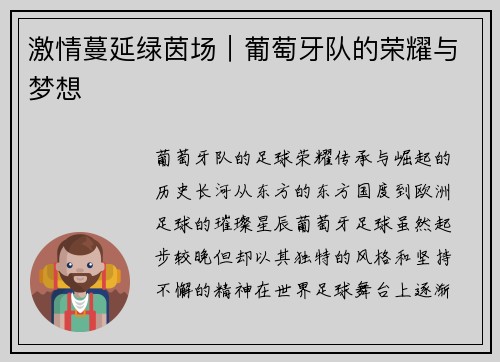 激情蔓延绿茵场｜葡萄牙队的荣耀与梦想